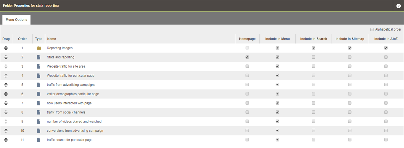 Screenshot of an editor reordering a menu in Contensis
