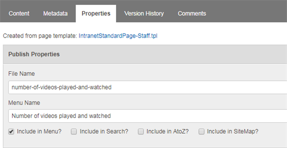 Screenshot of ticking 'Include in menu?' on Contensis