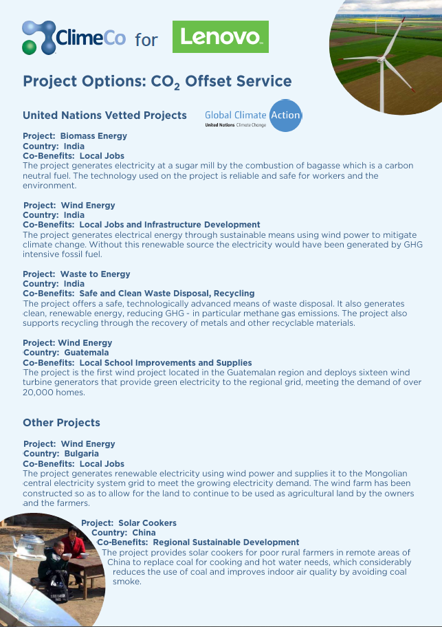 ClimeCo for Lenovo - Project Options: CO2 Offset Service - full details in text below image