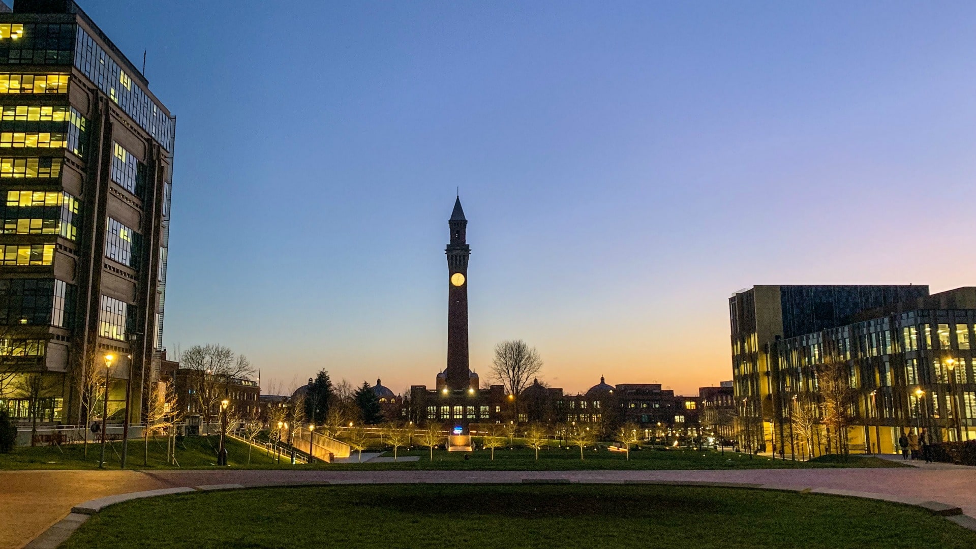 The University of Birmingham's Green Heart at dusk with 'Old Joe' clocktower in the distance.