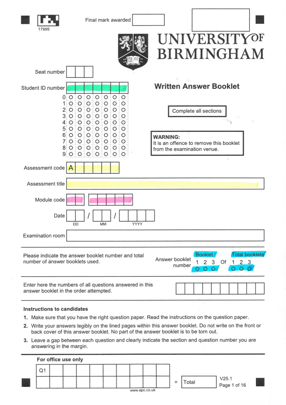 Exam Booklet Example