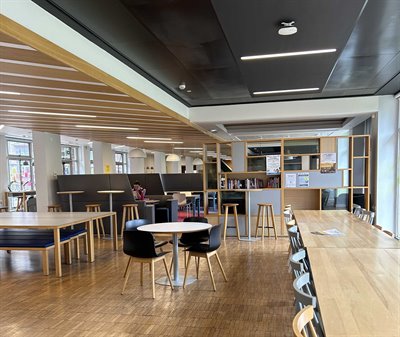 The Mason lounge in the Arts building on a sunny day.