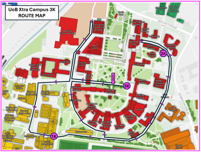 A map showing the 2025 Campus 3K route around the University of Birmingham campus